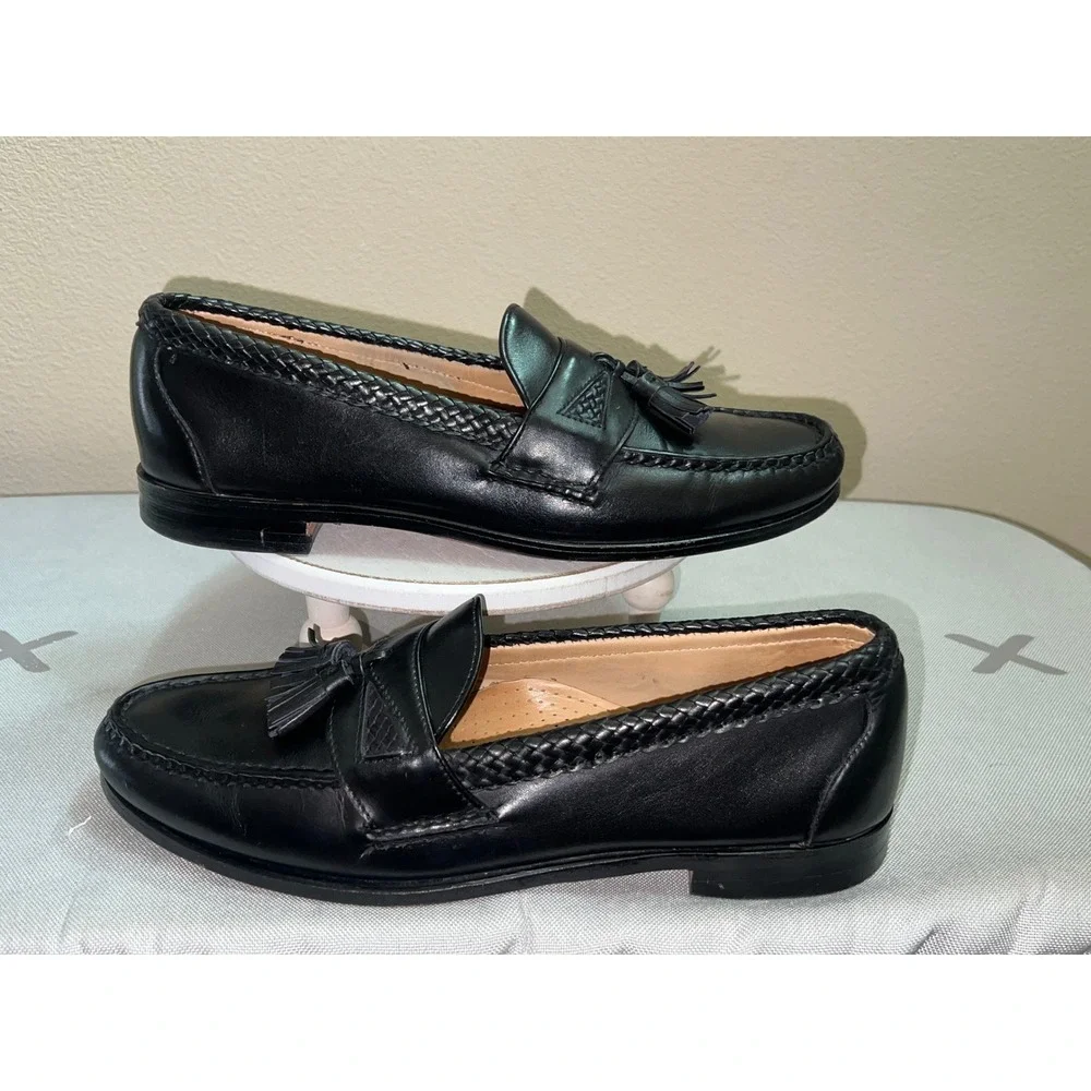 Allen Edmonds Maxfield Black Leather Tassel Loafers Braided Trim Mens 11 B 71456